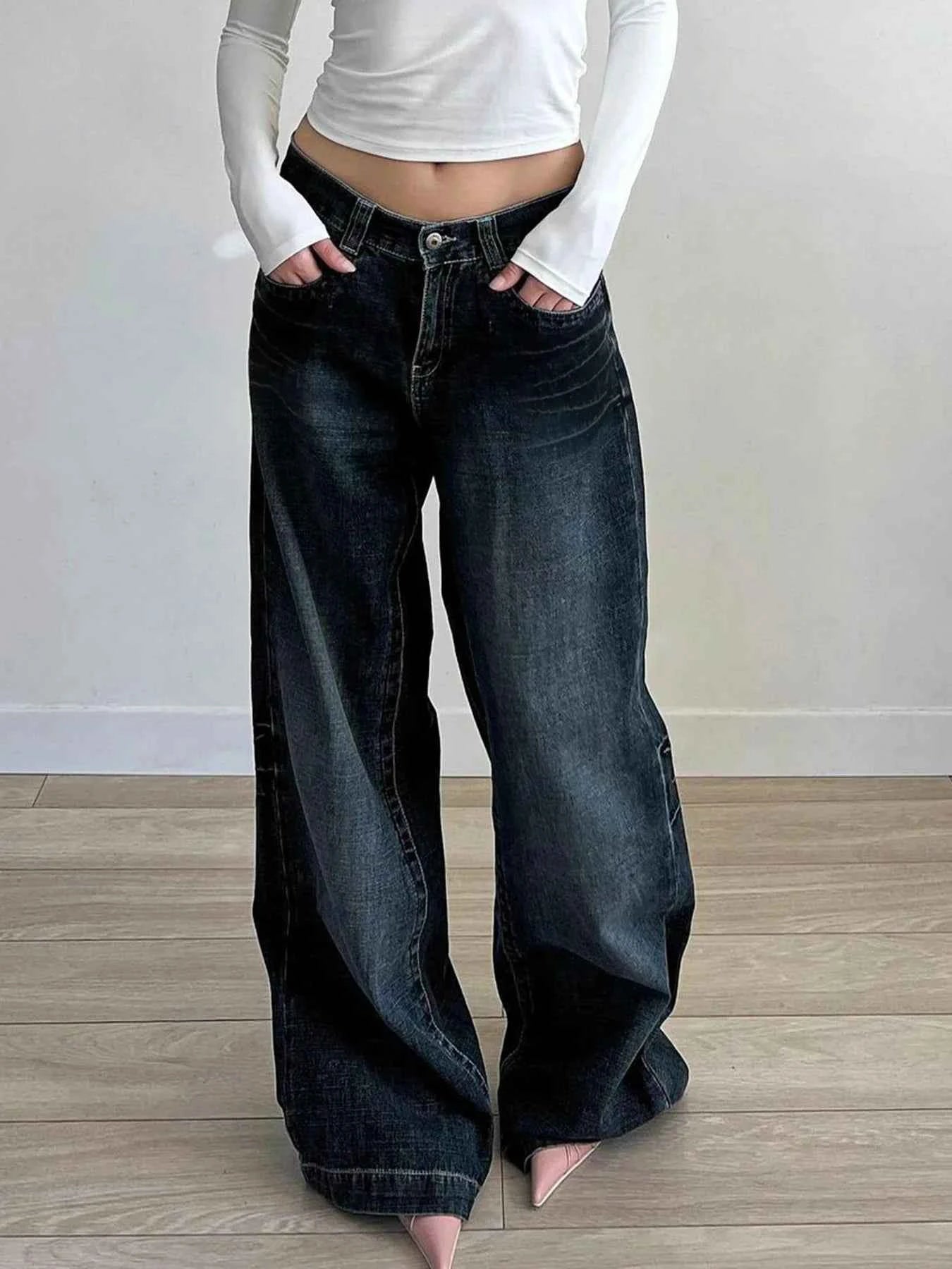 Dark Blue Loose Fit Straight Jeans