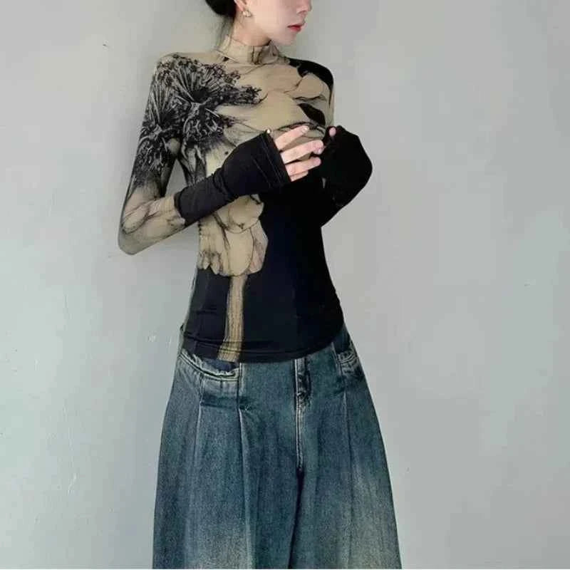 Chic Patchwork High Neck Slim T-shirt
