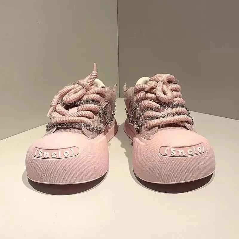 Women Pink Chain Smiling Canvas Sneaker