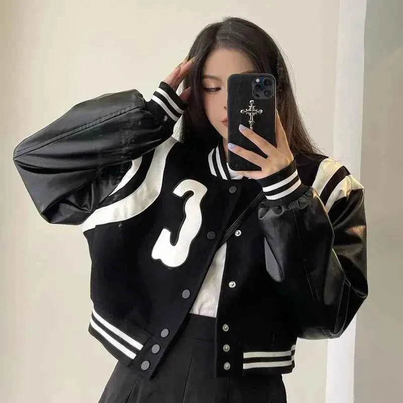 Punk Style Black White Leather Varsity Jacket