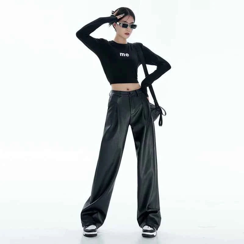 High Waist Black PU Leather Pants