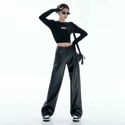 High Waist Black PU Leather Pants