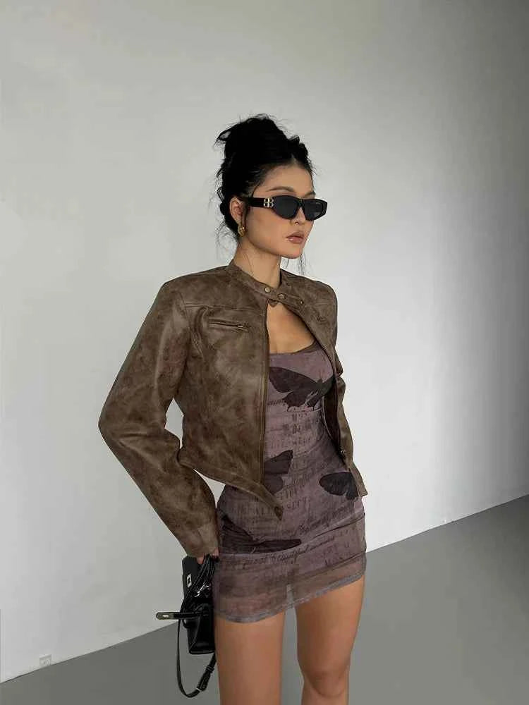 Women Retro Slim Stand Collar Leather Jacket