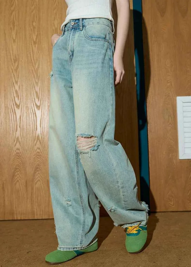 Streetwear High Waist Distressed Wide Leg Jeans