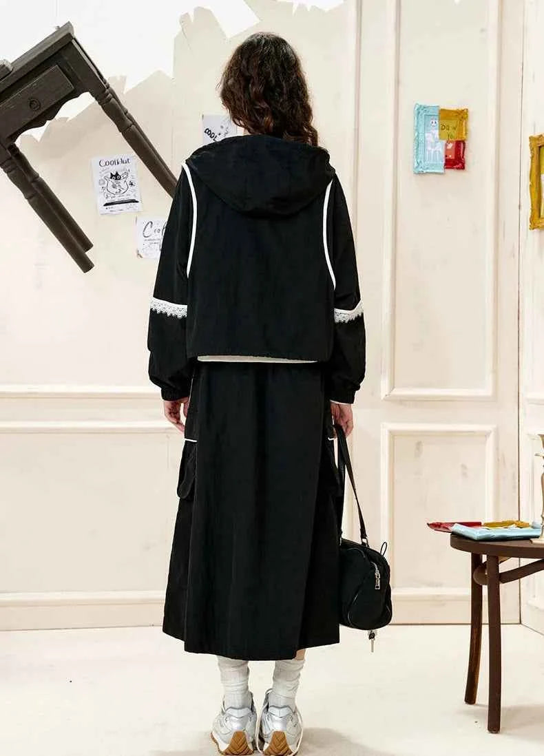 Stylish Lace Patchwork Hooded Windbreaker Jacket