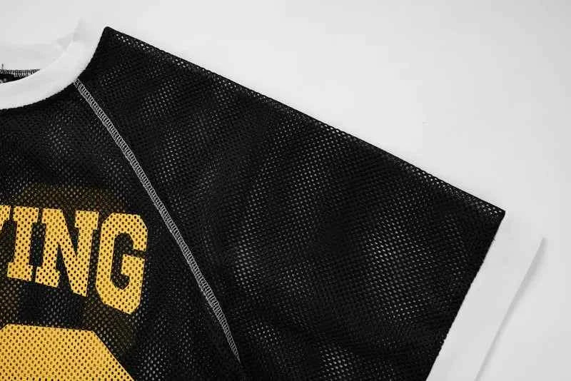 Y2K Patchwork Mesh O-Neck Collar Graphic Sport T-Shirt