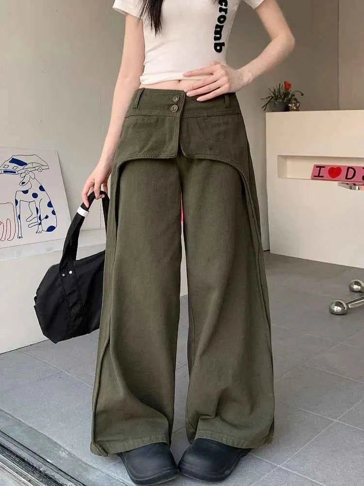 Vintage Army Green Patchwork Baggy Jeans