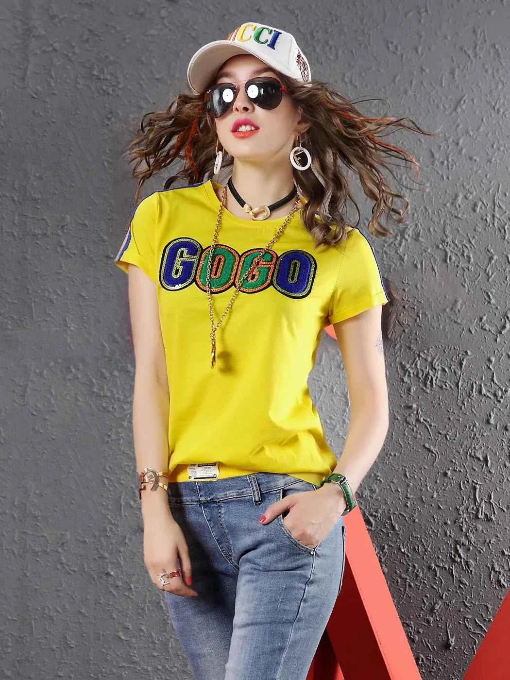 Yellow Lightweight Sequin Letter Short Sleeve T-Shirt
