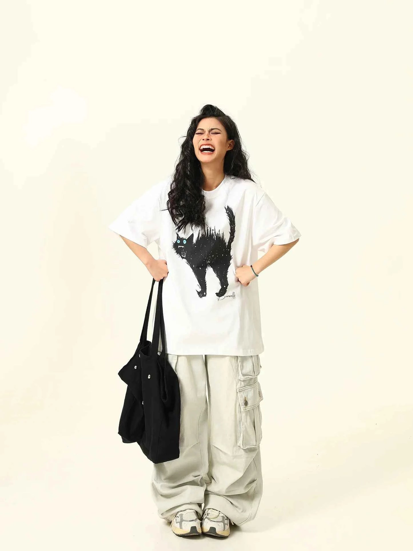 Retro American Cat Cartoon Print T-Shirt