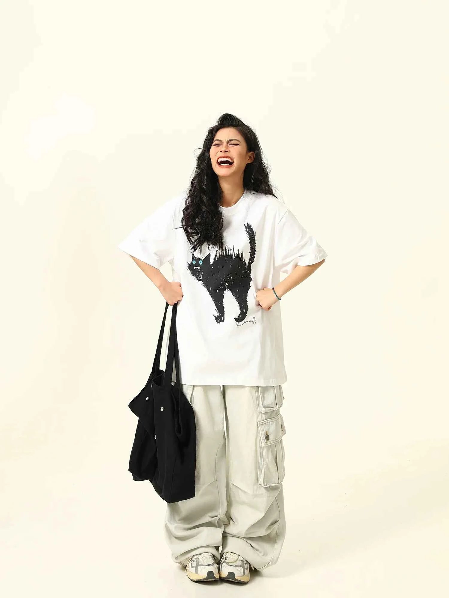 Retro American Cat Cartoon Print T-Shirt