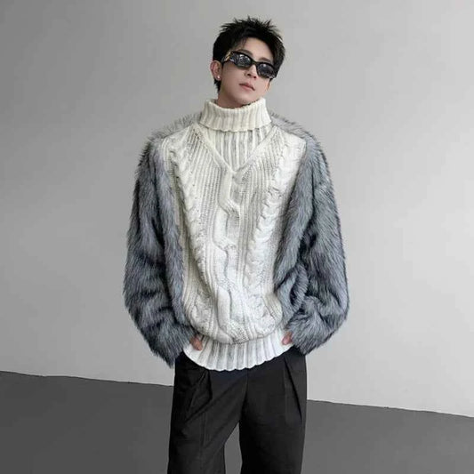 Luxury Faux Fur Patchwork Turtleneck Sweater
