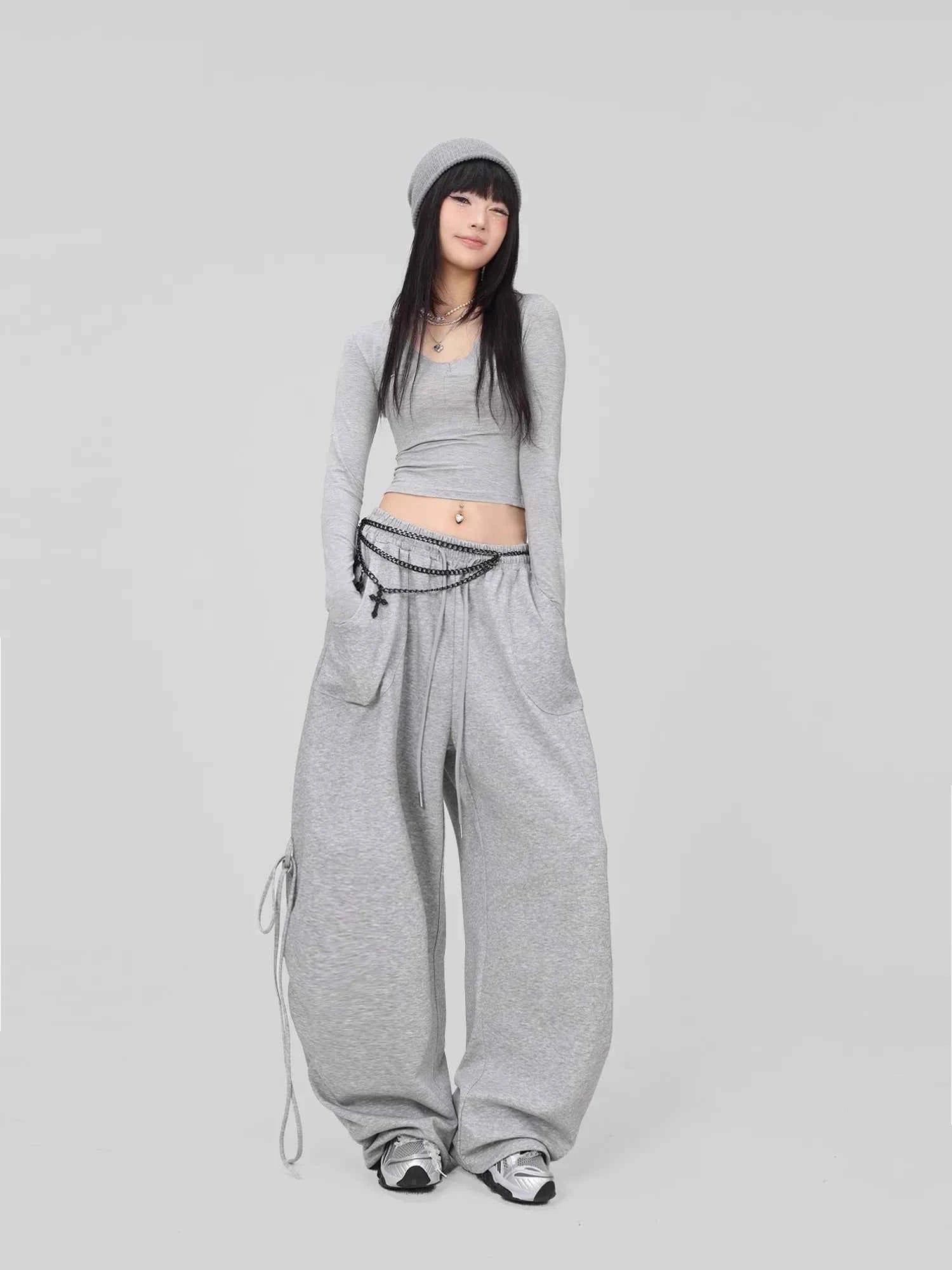 Soft Gray Drawstring Hip Hop Pants