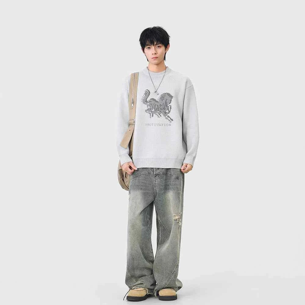 Cozy Horse Print Crew Neck Classic Sweater