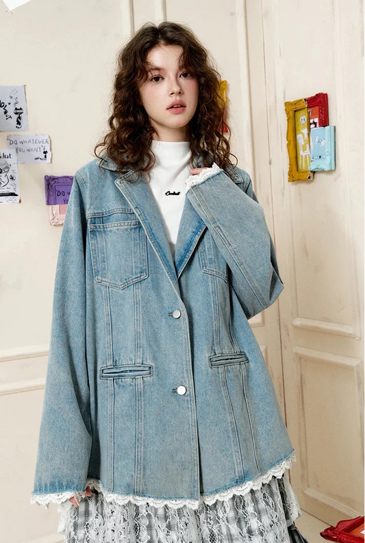 Lace Trim Oversized Denim Classic Jacket - Luxuryurbanwear