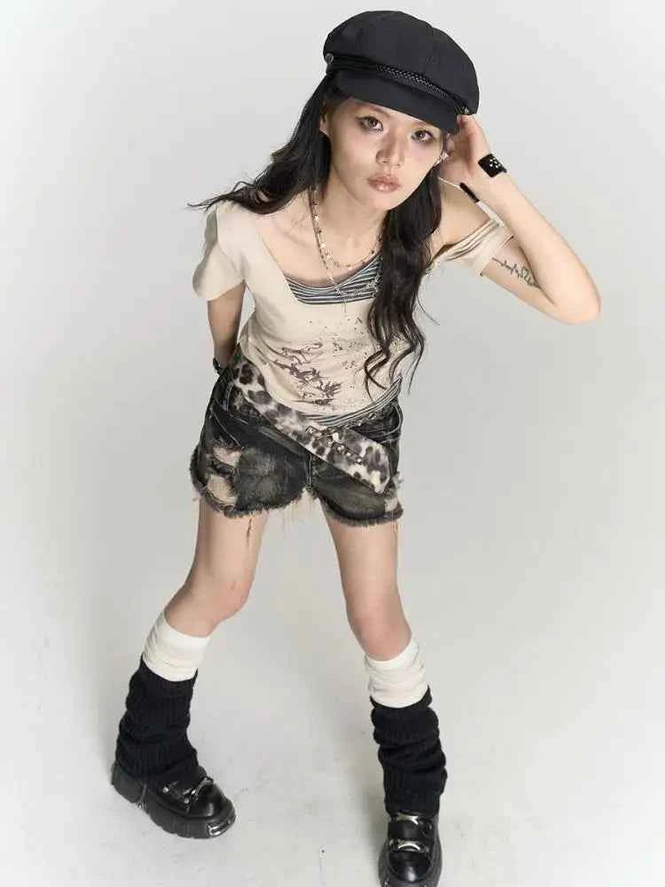 Vintage Gothic Patchwork Off-Shoulder T-Shirt