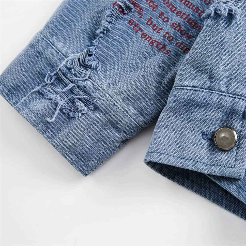 Trendy Streetwear Blue Distressed Denim Jacket
