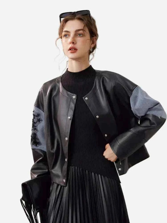 Classic Loose Black Patchwork PU Leather Jacket