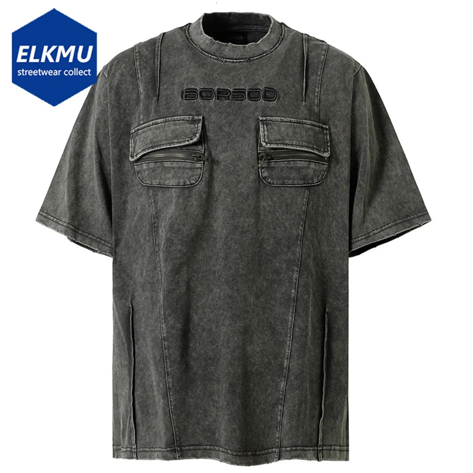 Oversized Cargo Pockets Patchwork T-Shirts