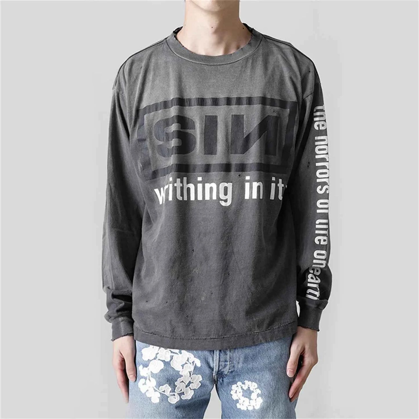 Retro Vintage Sin Print Distressed Long Sleeve T-Shirt