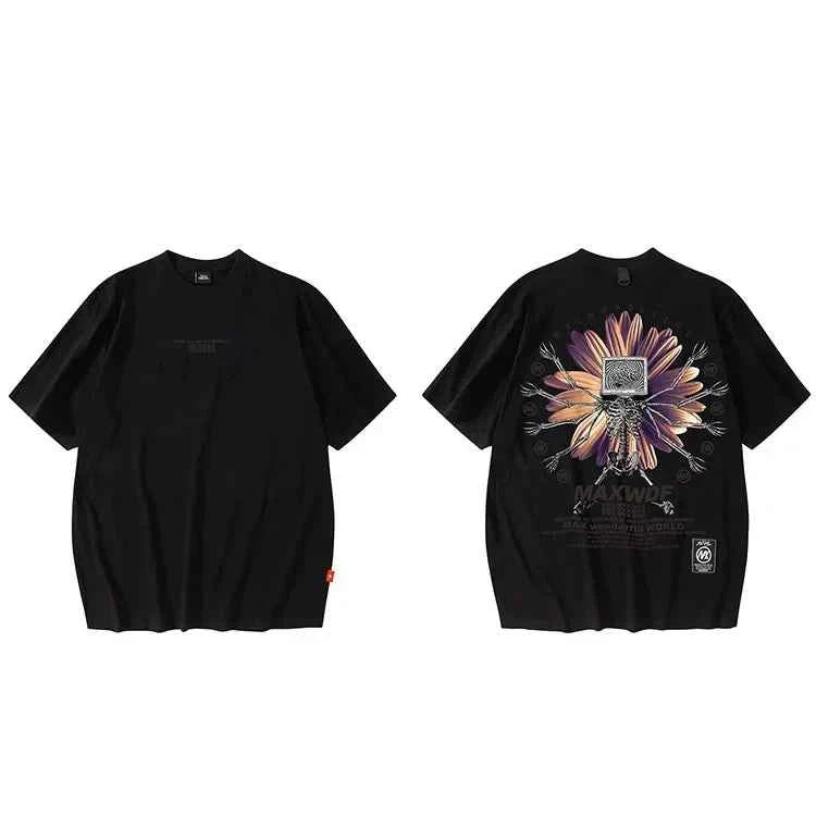 Oversize Skeleton Flower Printed Cotton T-Shirt