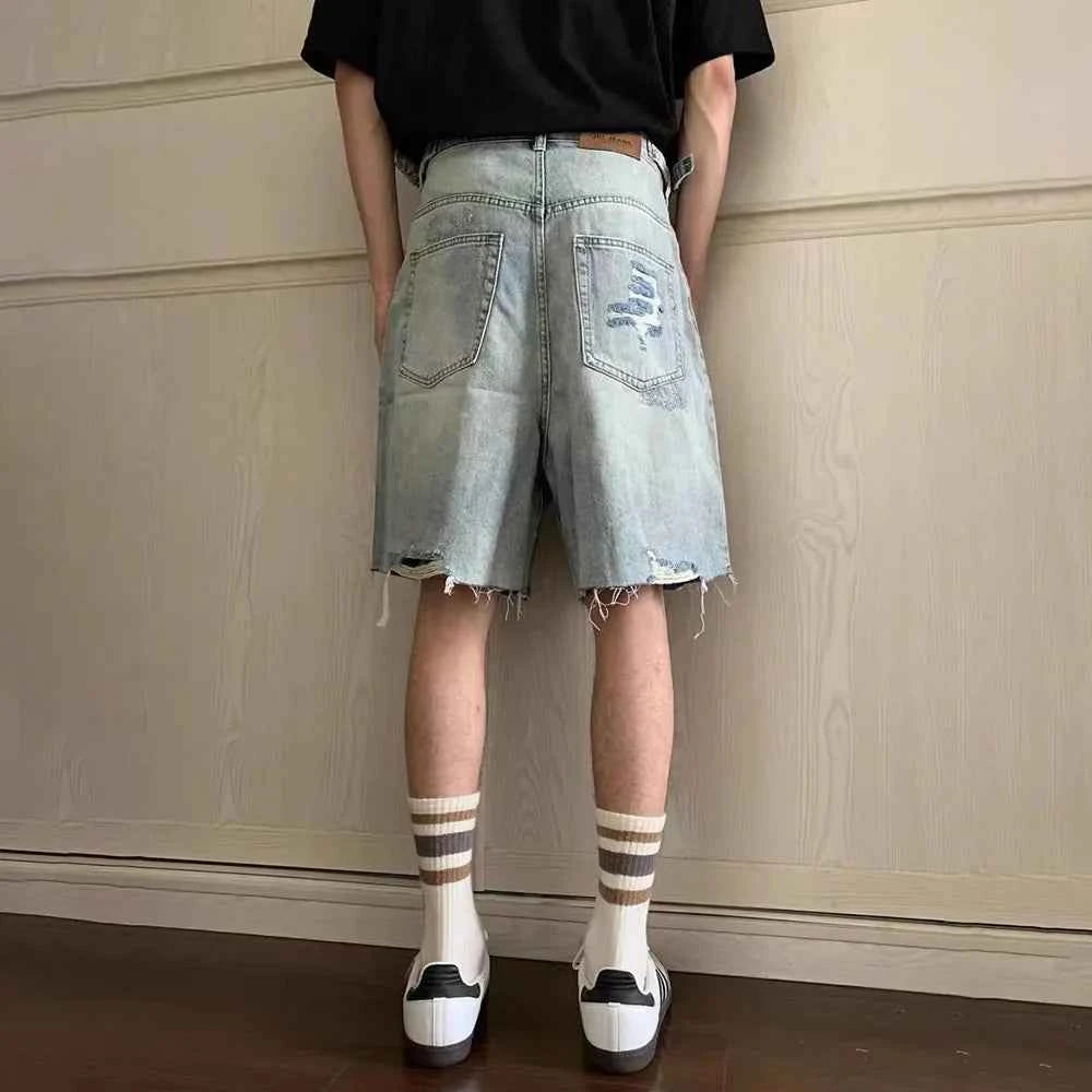 Retro Washed Solid Color Ripped Denim Short