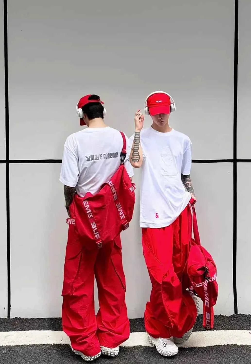 Men Streetwear Red Vibe Loose Wide Leg Pants