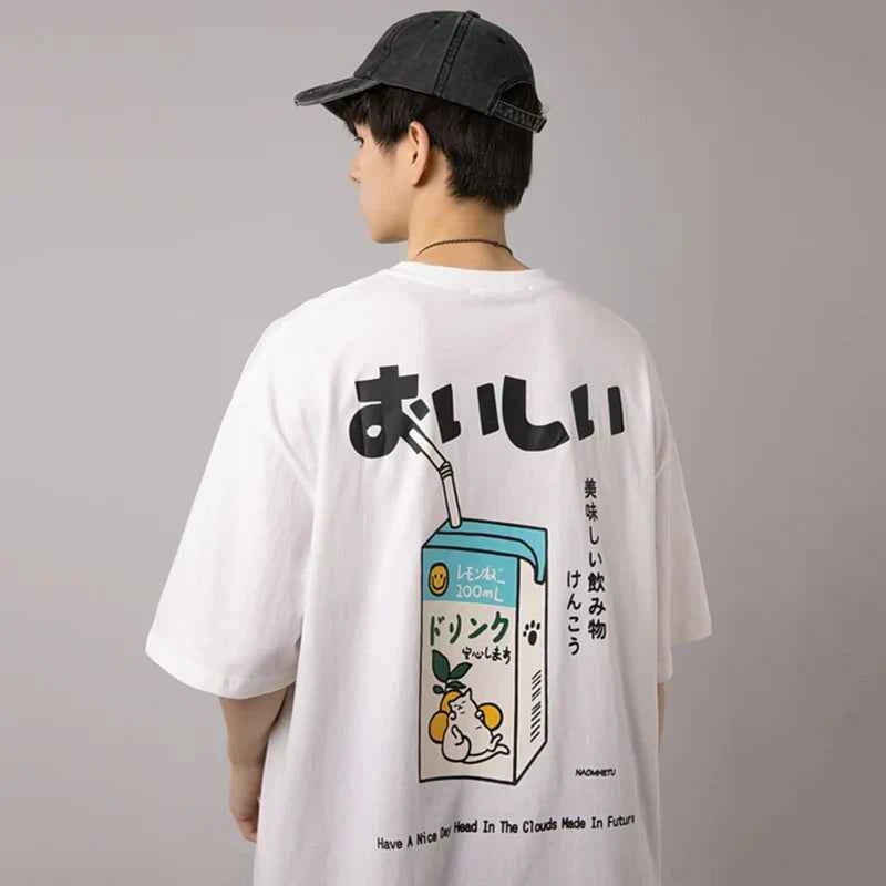 Oversize Japanese Kanji Letter Embroidered Drink T-Shirt