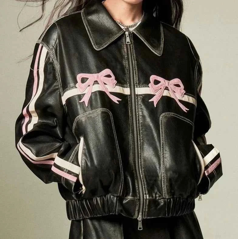 Women Durable Faux Bow Zipper Leather Jacket
