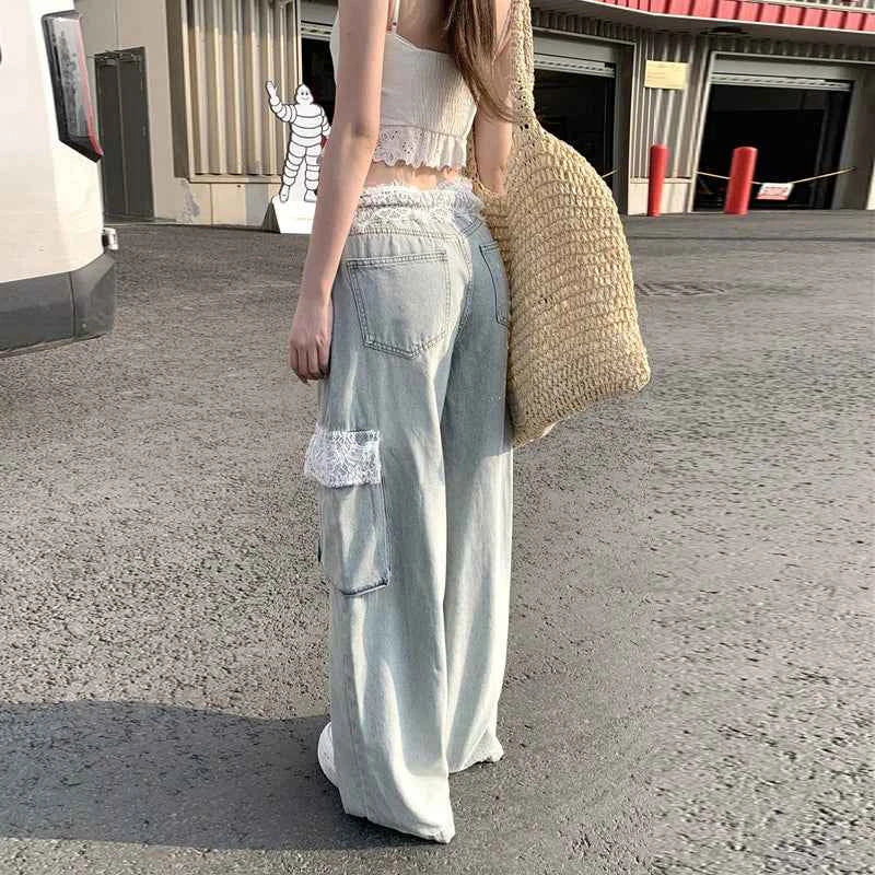 Plush Vintage Lace Trim Cargo Jeans