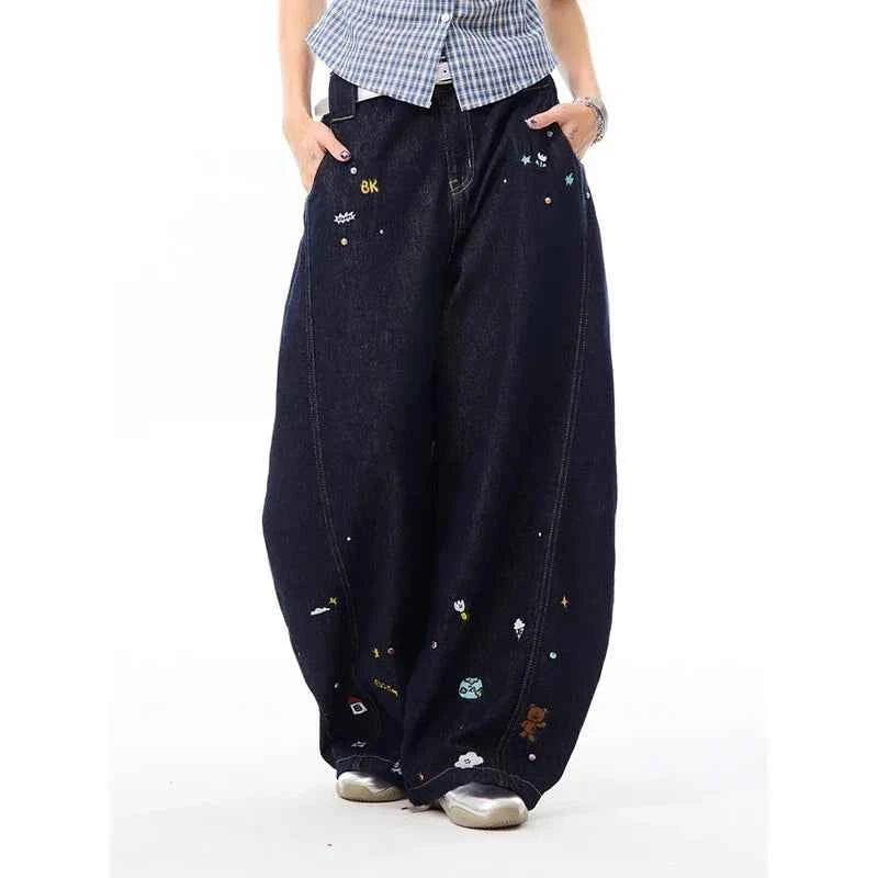 Comfortable Hip Hop Kpop Cartoon Print Wide Leg Jeans