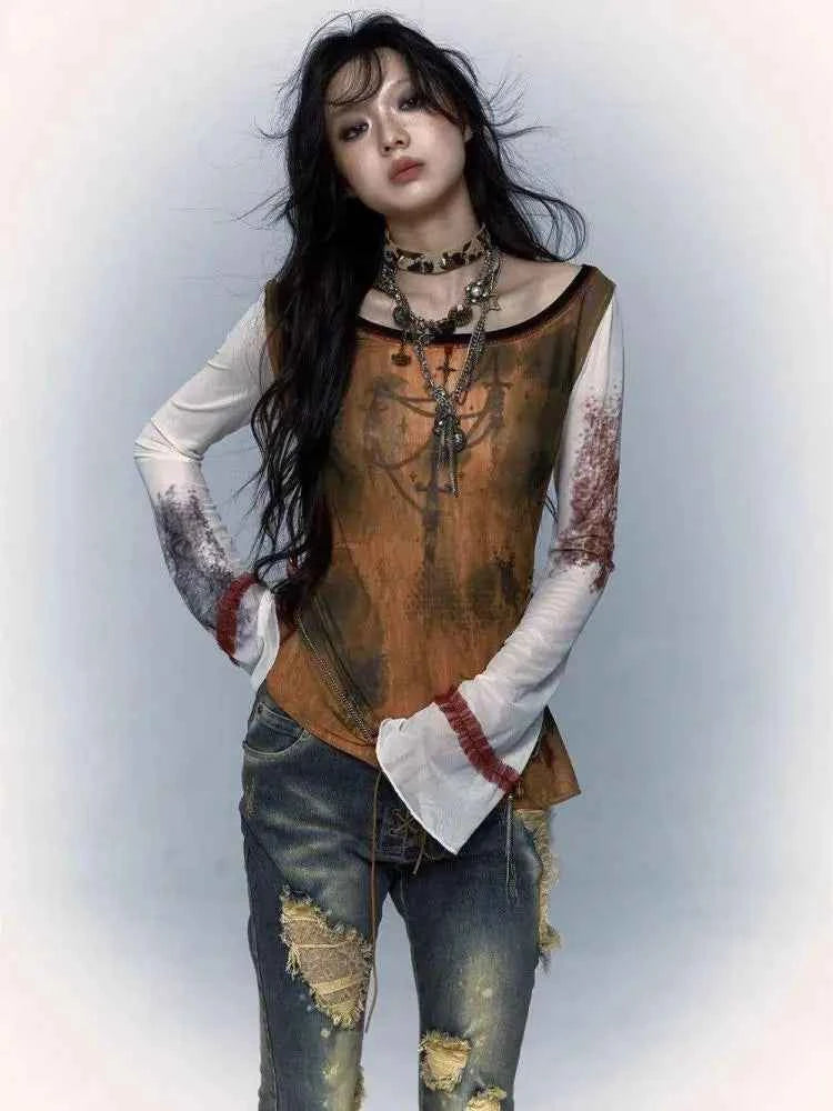 Gothic Patchwork Mesh Long Sleeve T-Shirt