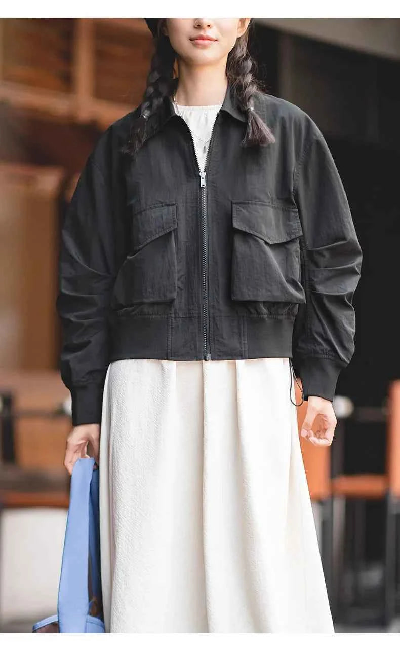 Black Casual Retro Bomber Jacket