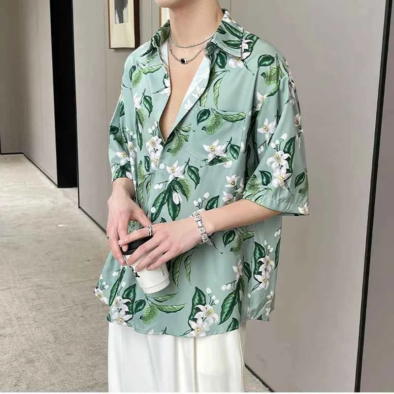 Casual Vintage Flower Print Hawaiian Beach Shirt