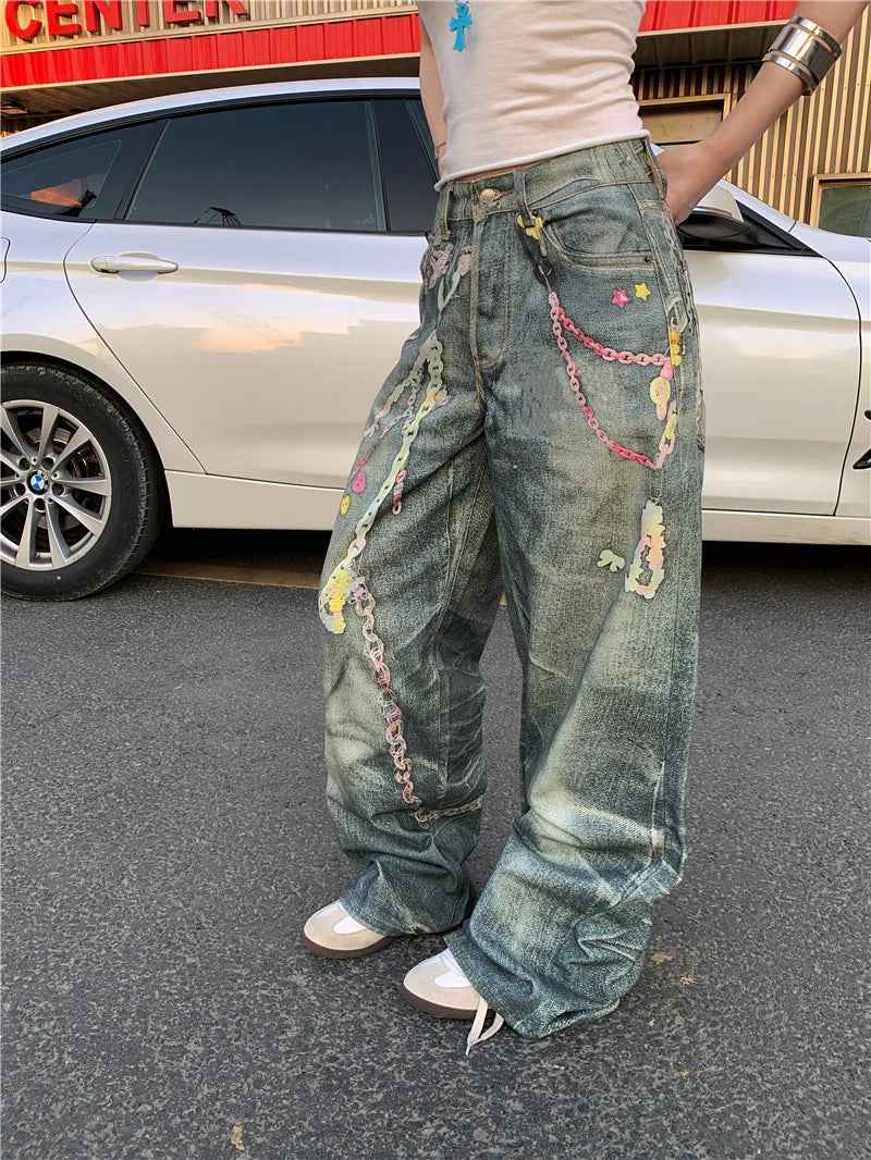 Chic Retro High Waisted Chain Print Jeans