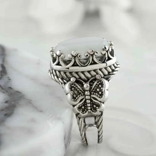 Butterfly White Stone Silver Ring