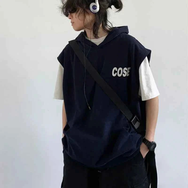 Sleeveless Cotton Letter Printed Tank Hooded T-Shirt