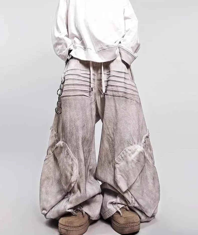 Minimalist Elastic Waist Pleated Wide Leg Jeans