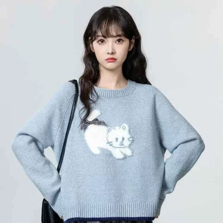 Women Retro Cute Blue Oversize Bow Sweater
