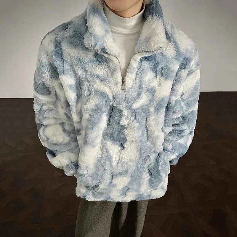 Winter Tie-Dye Stand-Collar Faux Fur Jacket