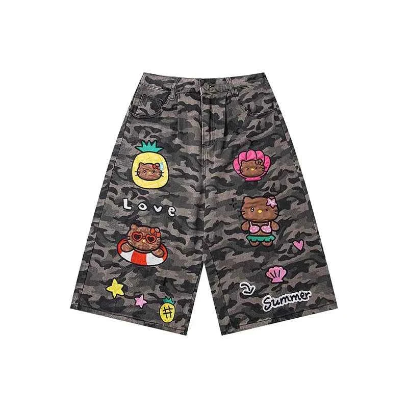 Reddachic Cartoon Patched Camo Jorts