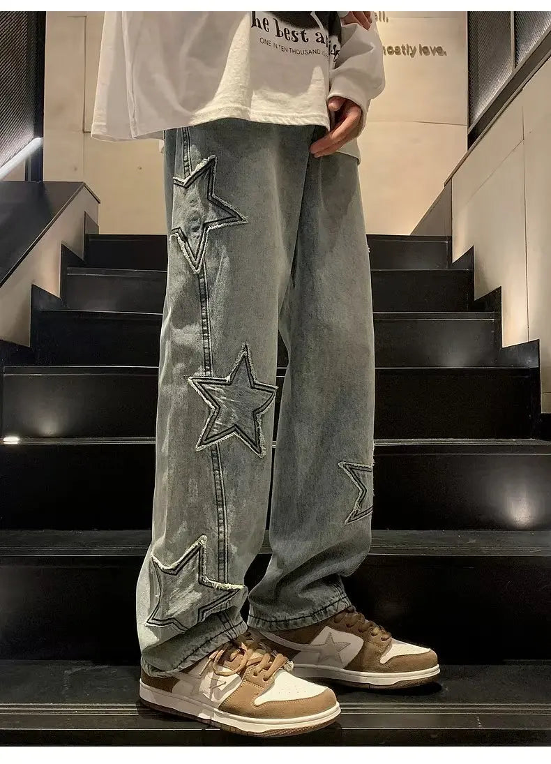 Pentagon Star Embroidery Loose Style Pants