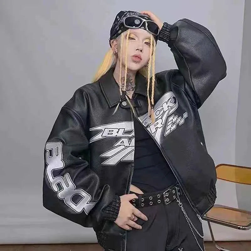 Y2K Leather Reflective Racing Jacket