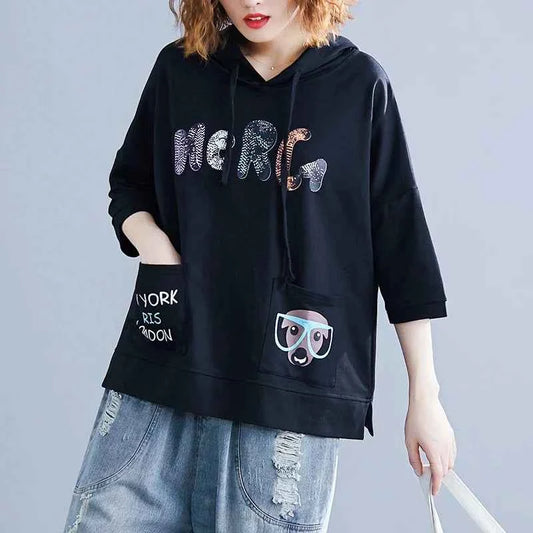 Women Cute Letter Print Casual Hoodied Sweatshirt