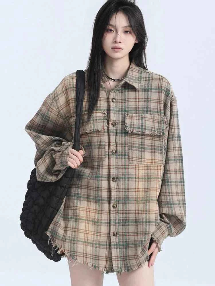 Women Streetwear Vintage Plaid Tassel Long Sleeve Shirt