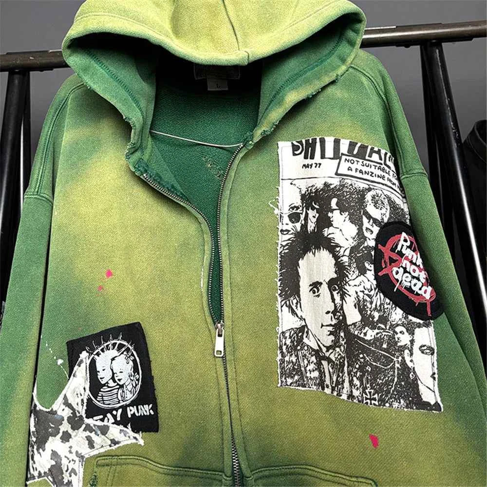 Y2K Green Retro Oversized Tie Dye Zip Sweatshirt
