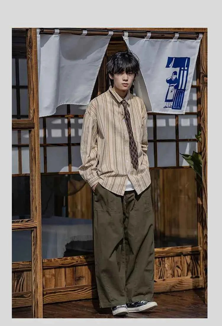 Japanese Vintage Striped Loose Long Shirt