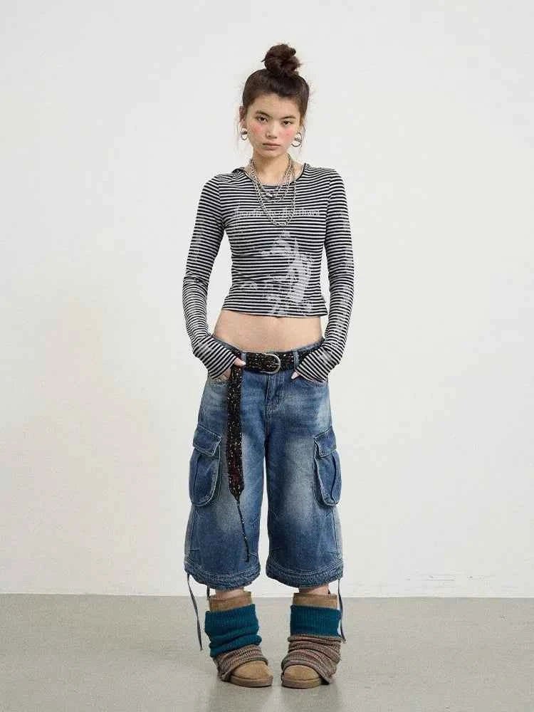 Vintage Cozy Drawstring Cargo Denim Jorts