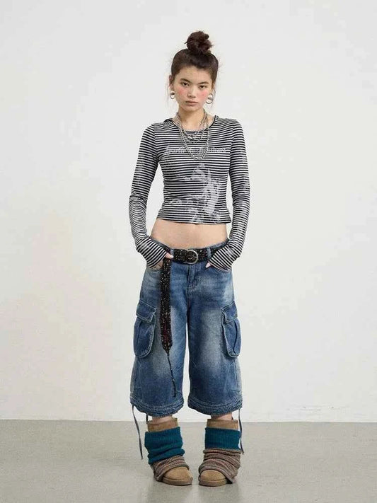 Vintage Cozy Drawstring Cargo Denim Jorts