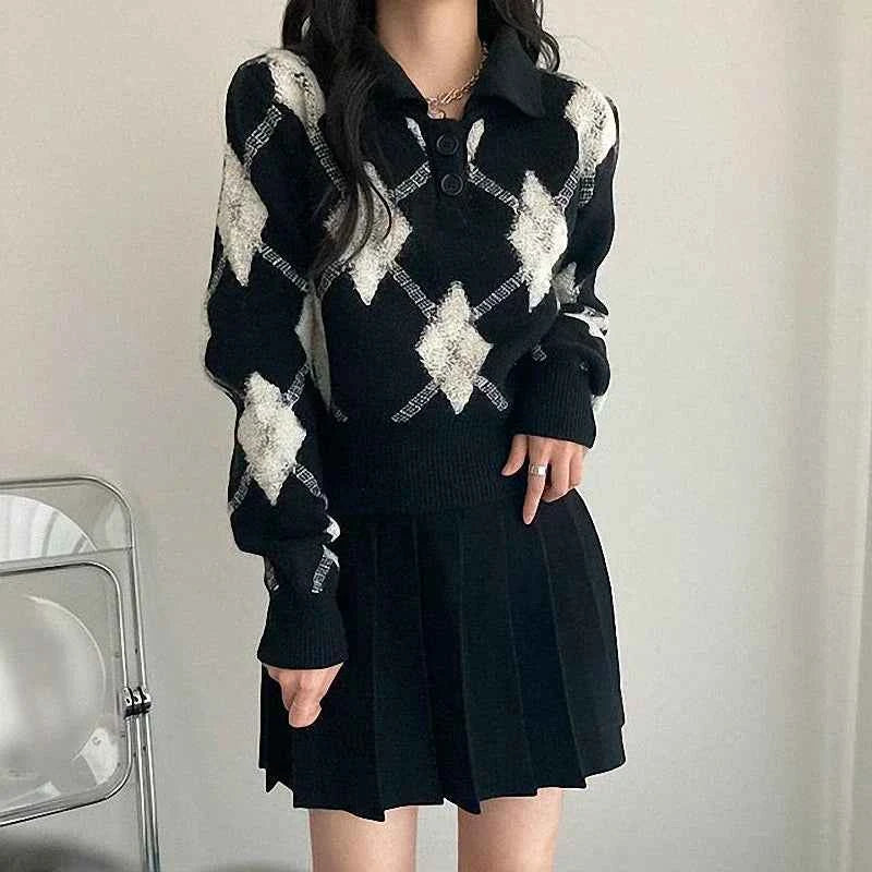 Vintage Turn-Down Collar Ulzzang Sweater - Retro Aesthetic Knitted Polo Pullover