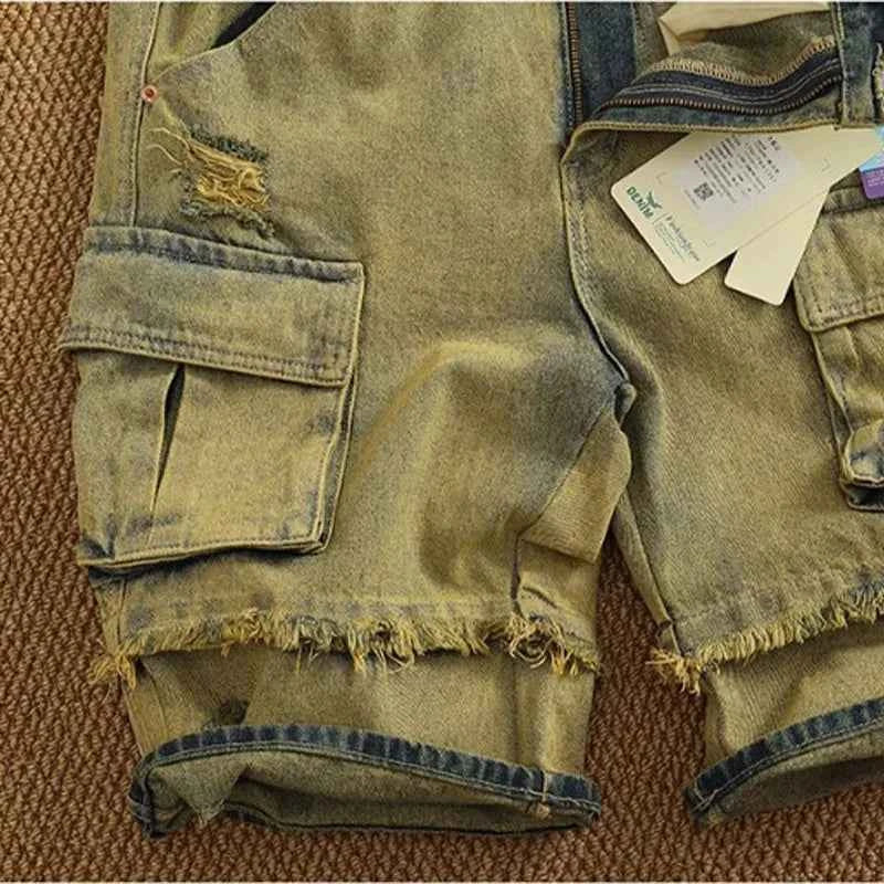 Yellow Distressed Washed Denim Cargo Short